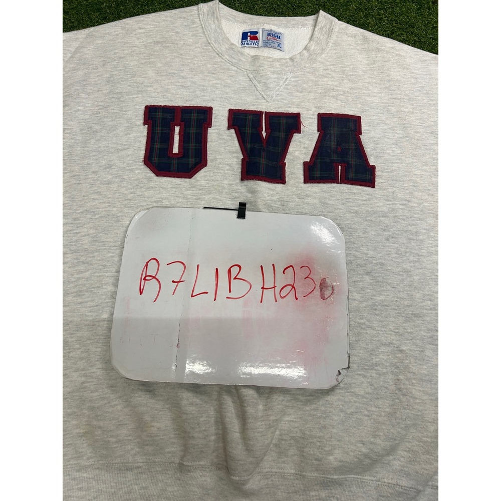Vintage Russell Athletic UVA Sweatshirt XL Grey Plaid Applique Made in USA 90s - Picture 8 of 8